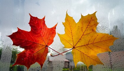 Two Colorful Autumn Maple Leaves M One Red And One Yellow M Stick To A Rain Covered Window Raindrops On The Glass Create A Cozy Autumn Mood And A Sense Of Tranquility