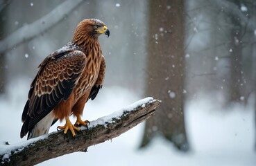 Majestic golden eagle sits on snowy branch. Bird with yellow beak and brown feathers observes its surroundings. Animal in wildlife looks powerful in forest during winter snowfall.