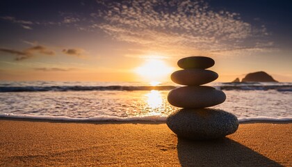 Zen Stones Stacked On Beach At Sunset