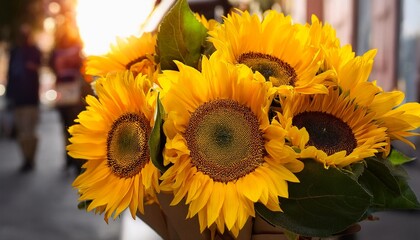 Bouquet Of Beautiful Sunflowers Is Sold At A Street Market