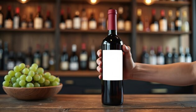 Hand holding red wine bottle with blank label. Bottle stands on wooden bar with grapes bowl. Alcohol beverage product presentation. Bar backdrop. Vine and drink concept.