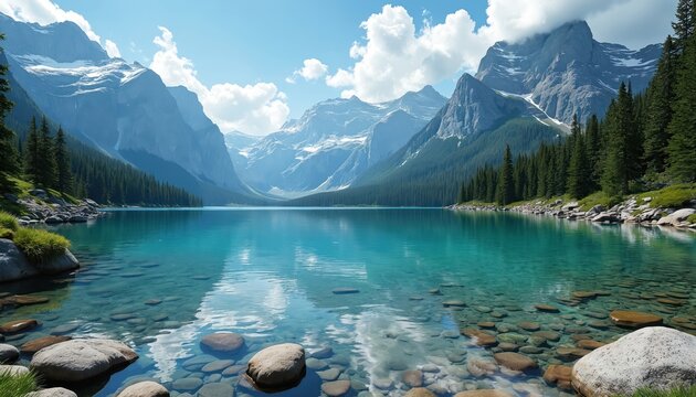 Scenic lake with clear turquoise water reflects snow capped mountains. Evergreen forest surrounds tranquil lake under bright sky. Beautiful nature landscape travel destination.