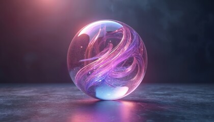 Fototapeta premium Glass sphere with purple luminous energy inside. Abstract futuristic orb rotates on dark reflective surface. Cosmic glowing substance, digital art.