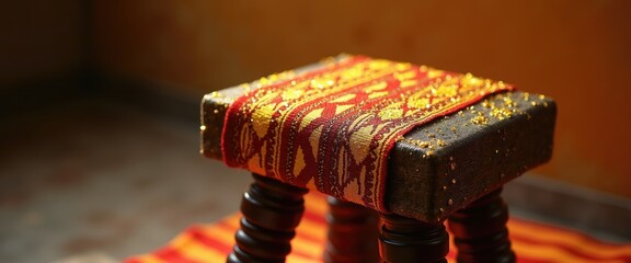 Ghanaian ceremonial stool with kente cloth and gold dust. African New Year Traditions.
