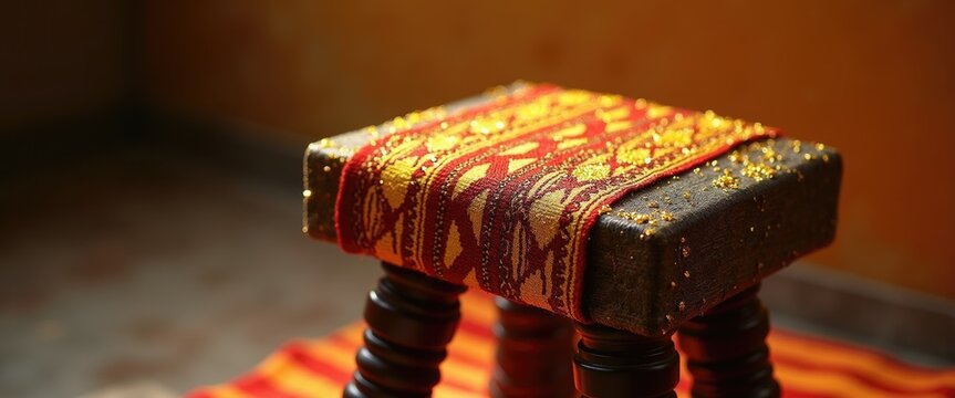 Ghanaian ceremonial stool with kente cloth and gold dust. African New Year Traditions.
