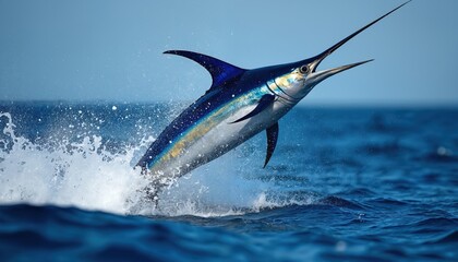 Fototapeta premium Blue marlin leaps high from ocean waves splashing water spectacularly. This large predatory fish shows its powerful body jumping. Wild marine creature in motion.