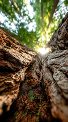 Fototapeta premium A worm's-eye view showcases the towering trees, reaching towards the sky. The sunlight filters through the leaves, creating a serene ambiance.