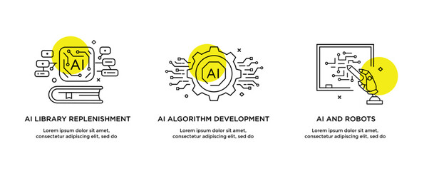 Set of illustrations concept with businessmen. technology, partnership, artificial intelligence business robot, cybes. linear illustration Icons infographics. Landing page site print poster. Line