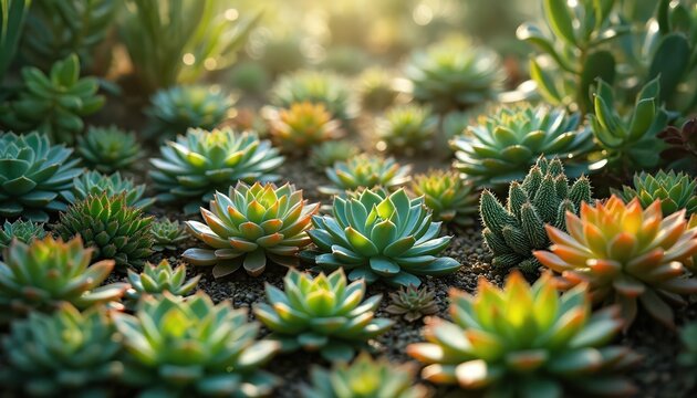Various succulents and cacti grow in a garden. Rosette shaped plant is centered. Low angle shows green leaves. Gardening themes show beauty of nature and botany. Morning sun shines on diverse flora. - Powered by Adobe