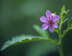 Obraz premium Close up on tiny purple false heather flower with leaves. Maxican cuphea hyssopifolia plant blooms in soft focus outdoor. Macro image of beauty blossom on green background at daylight.