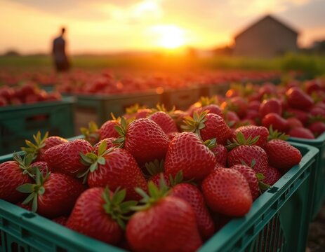 Fresh strawberries in green crates on farm field at sunset. Man works in background. Crates filled with red ripe strawberries. Farmer harvesting berries in summer. Agricultural landscape with barn,