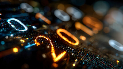 Close-up of illuminated binary code display with abstract glowing bokeh, symbolizing data processing and technological advancement.