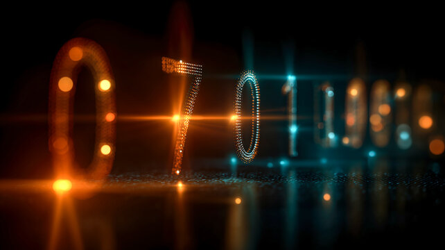Glowing binary code of 0's and 1's displayed with orange and blue lights. Abstract, futuristic technology concept of data. 
