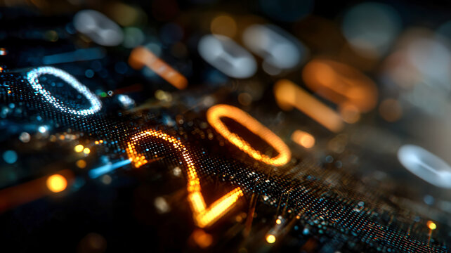 Close-up of illuminated binary code display with abstract glowing bokeh, symbolizing data processing and technological advancement.