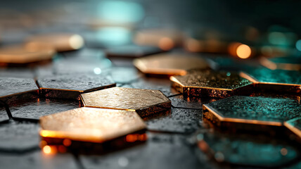 Close-up of interlocking metallic hexagonal tiles in gold and dark metal, showcasing a modern design and textured surface with light reflections.