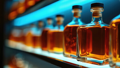 Naklejka premium Selective focus on whiskey bottles on store shelf. Alcohol drinks arranged in row with colorful illumination. Alcohol sale in shop or bar. Transparent glass bottles filled amber liquor.