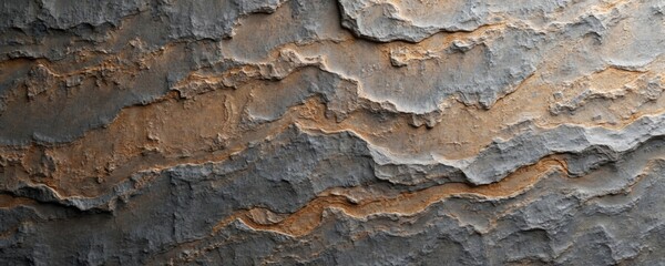 Textured stone surface with grey and tan layers forms a natural abstract pattern. Rough rock strata show weathered geological strata, great for backgrounds.