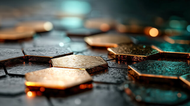 Close-up of interlocking metallic hexagonal tiles in gold and dark metal, showcasing a modern design and textured surface with light reflections.