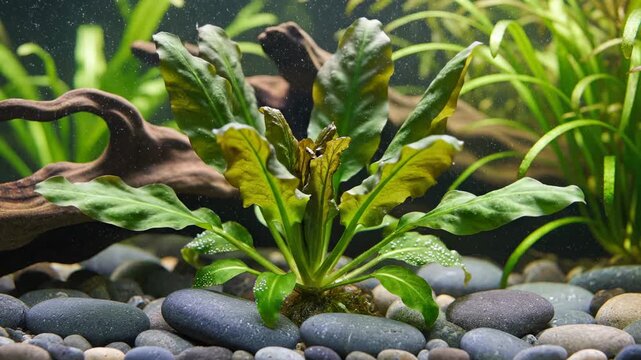 Aquatic Plant Growth in a Freshwater Aquarium with Decorative Rocks and Driftwood.