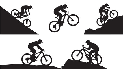 Obraz premium Mountain biker silhouettes collection riding on hills and rocks vector illustration for extreme sports and outdoor adventure designs