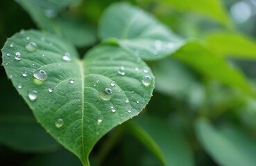 Fototapeta premium Macro close up photo of green heart shaped leaf with many fresh water drops. Morning dew on plant foliage after rain in garden. Pure droplets on wet leaf surface. Natural background ecology freshness