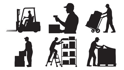 Set of warehouse worker silhouettes vector illustration of people working in logistics and distribution isolated on white background