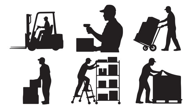 Set of warehouse worker silhouettes vector illustration of people working in logistics and distribution isolated on white background