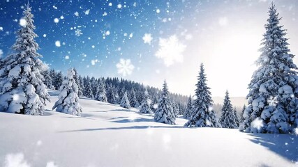 Snowfall in winter in the forest, soft snowy christmas morning with falling snow. Winter landscape. Snow covered trees.
 - Powered by Adobe