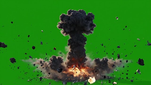 Powerful explosion erupting with intense force on green screen, perfect for visual effects and action sequences in film and gaming, offering dynamic impact