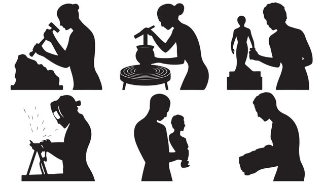 Set of silhouette icons showing various artistic activities including sculpting pottery painting and music vector illustration isolated on white
