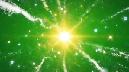 Dynamic bright light burst with glowing particles and energy streaks on a vibrant green background creating an abstract and energetic visual effect perfect for motion graphics and digital art project. - Powered by Adobe