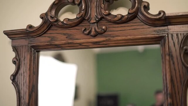Closeup of an antique wooden mirror with an ornate frame featuring a green screen for easy content replacement perfect for historical or vintagethemed projects.