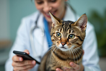 Veterinarian examines tabby cat with handheld device in clinic. Caring vet holds pet for check-up. Animal health exam with tech. Friendly interaction.