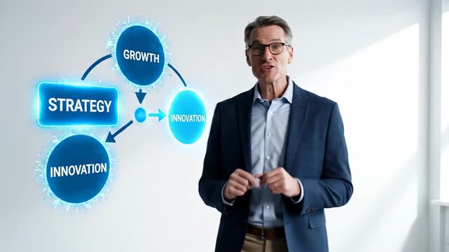 Businessman Presenting Strategic Growth and Innovation Plan.