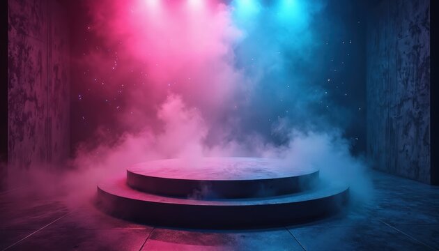 Dark room with circular concrete platform, surrounded by pink, blue neon lights, dense smoke. Empty stage in studio setting, grunge texture on walls, vibrant modern colors, dramatic atmosphere.
