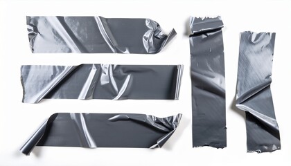 Set Of Different Size Silver Grey Adhesive Tape On White Background Torn And Crumpled Pieces Of Grey Sticky Duct Tape