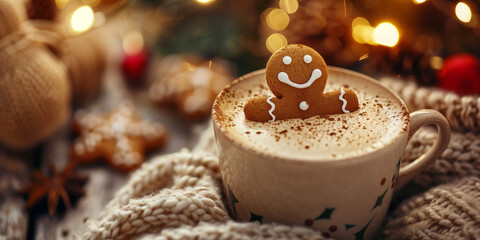 Close-up of a holiday coffee drink with a smiling gingerbread cookie in a cozy festive setting