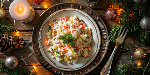 Festive close-up of traditional Russian Olivier salad on an elegant holiday table, surrounded by candles, fir branches, and Christmas decorations. Popular dish for New Year and Christmas celebration