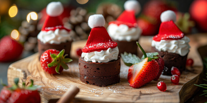 Festive holiday dessert featuring mini chocolate brownies topped with sliced strawberries and whipped cream, styled to resemble Santa hats.