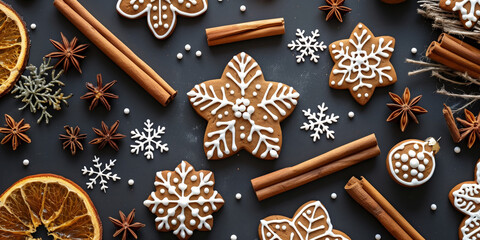 Fototapeta premium Festive arrangement of traditional gingerbread cookies in shapes of Christmas tree, snowflake, star and gingerbread man, decorated with white icing