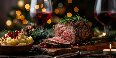 Sliced roast beef served on a rustic wooden board with holiday herbs, cranberries, and candles in the background.