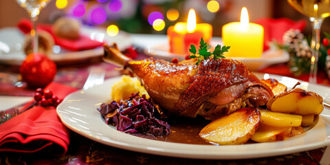 Festive holiday plate with roasted duck leg served with glazed apple slices, mashed potatoes, and braised red cabbage.