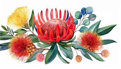 Australia Native Flowers Floral Decor Watercolor Illustration On White Background Hand Drawn Australian Flora Decoration Design Element With Waratah Flower Gum Tree Leaves Golden Wattle