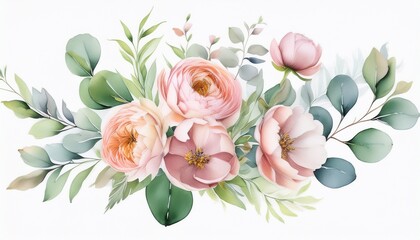 Watercolor Separate Individual Flower Delicate Bouquet With Green Leaves Pink Peach Blush Flowers Twigs Eucalyptus Rose Peony For Wedding Invitations Wallpapers Fashion Prints