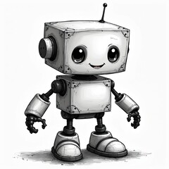 Cartoon robot sketch with big eyes and friendly smile. Its body is cube with simple articulated limbs. It stands on cartoonish feet. Robot has antenna on its head and simple mechanical design.