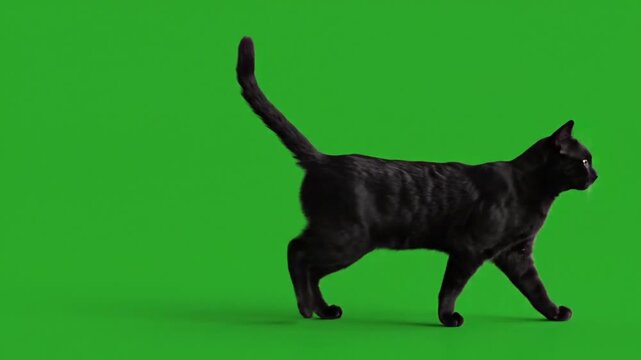 Sleek black cat gracefully walking across a vibrant green screen, perfect for compositing and creative projects seeking a touch of feline elegance and mystery