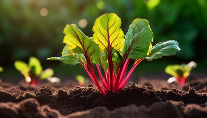 Vibrant Young Beet Plant With Striking Red Stems And Lush Green Leaves Emerging From Rich Soil