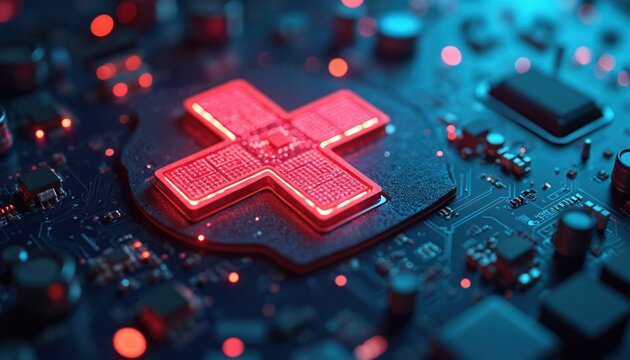 Glowing red cross on digital circuit board. Medical symbol with red light on electronic microchip. Circuit board with red cross, blue light. Electronic device with medical sign. Digital healthcare