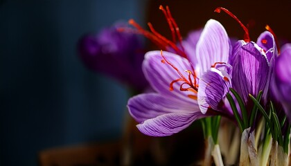 Vibrant Saffron Stigmas And Purple Crocus Flowers Captured In Stunning Detail For Culinary Use