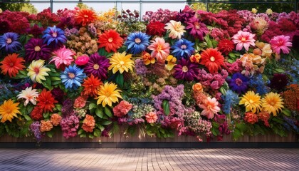 Vibrant Flower Wall Display With Vivid Colors And Textures In A Natural Outdoor Setting Enhancing Architectural Elements And Inviting Beauty